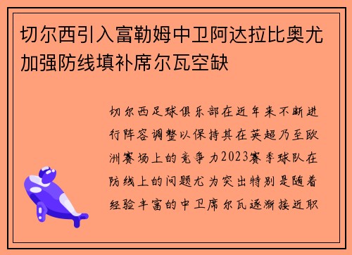 切尔西引入富勒姆中卫阿达拉比奥尤加强防线填补席尔瓦空缺
