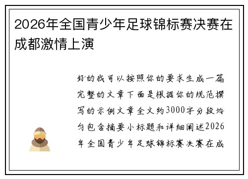 2026年全国青少年足球锦标赛决赛在成都激情上演