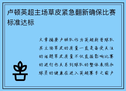卢顿英超主场草皮紧急翻新确保比赛标准达标